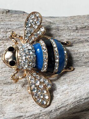 New Bee Brooch Clear Rhinestones Blue Enamel on Gold Tone Base Bale